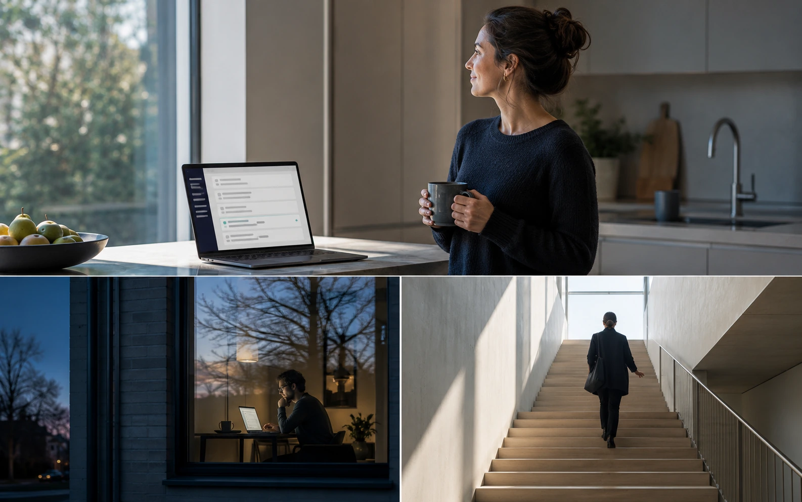 Three moments from a career change: a woman turning from her laptop to think over a coffee, a man working at a lit window in the evening, and a person walking up a staircase towards daylight