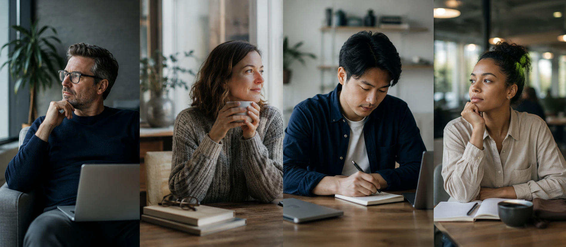 Four people at different stages of working life, each pausing to think about their next move