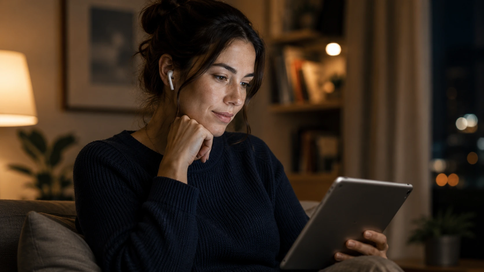 A woman sitting at home in the evening, reading on a tablet with an earbud in