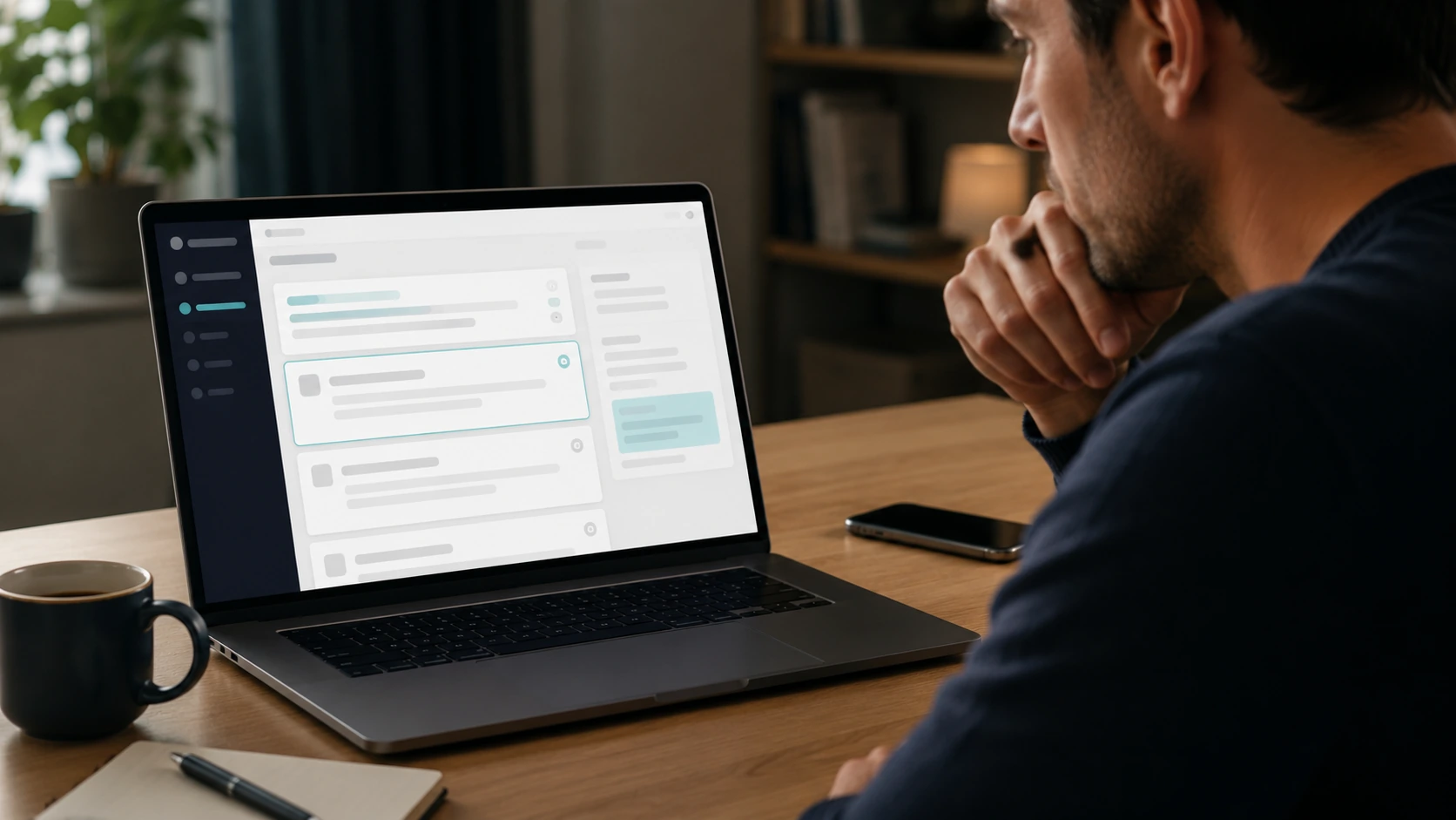 A man reviewing a shortlist of matched roles on a laptop, with one entry highlighted