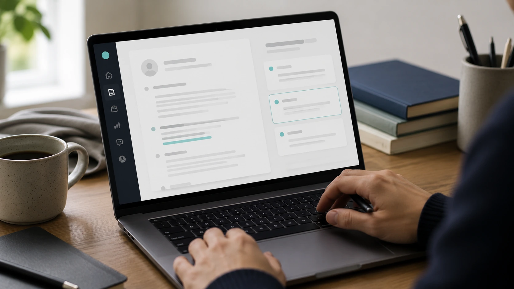 Hands typing on a laptop showing a profile beside a panel of suggested improvements