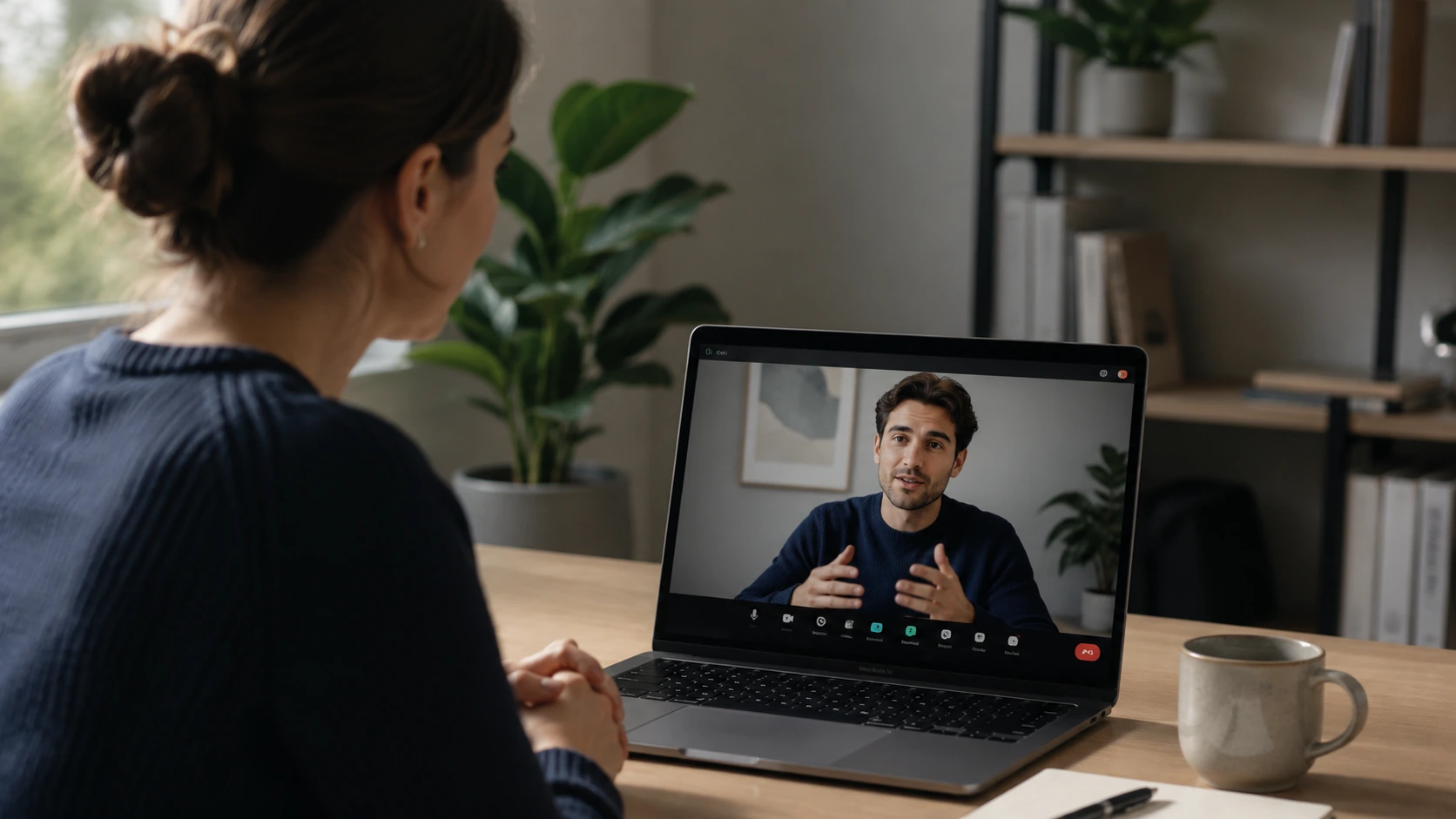 A woman at her desk talking with someone on a video call