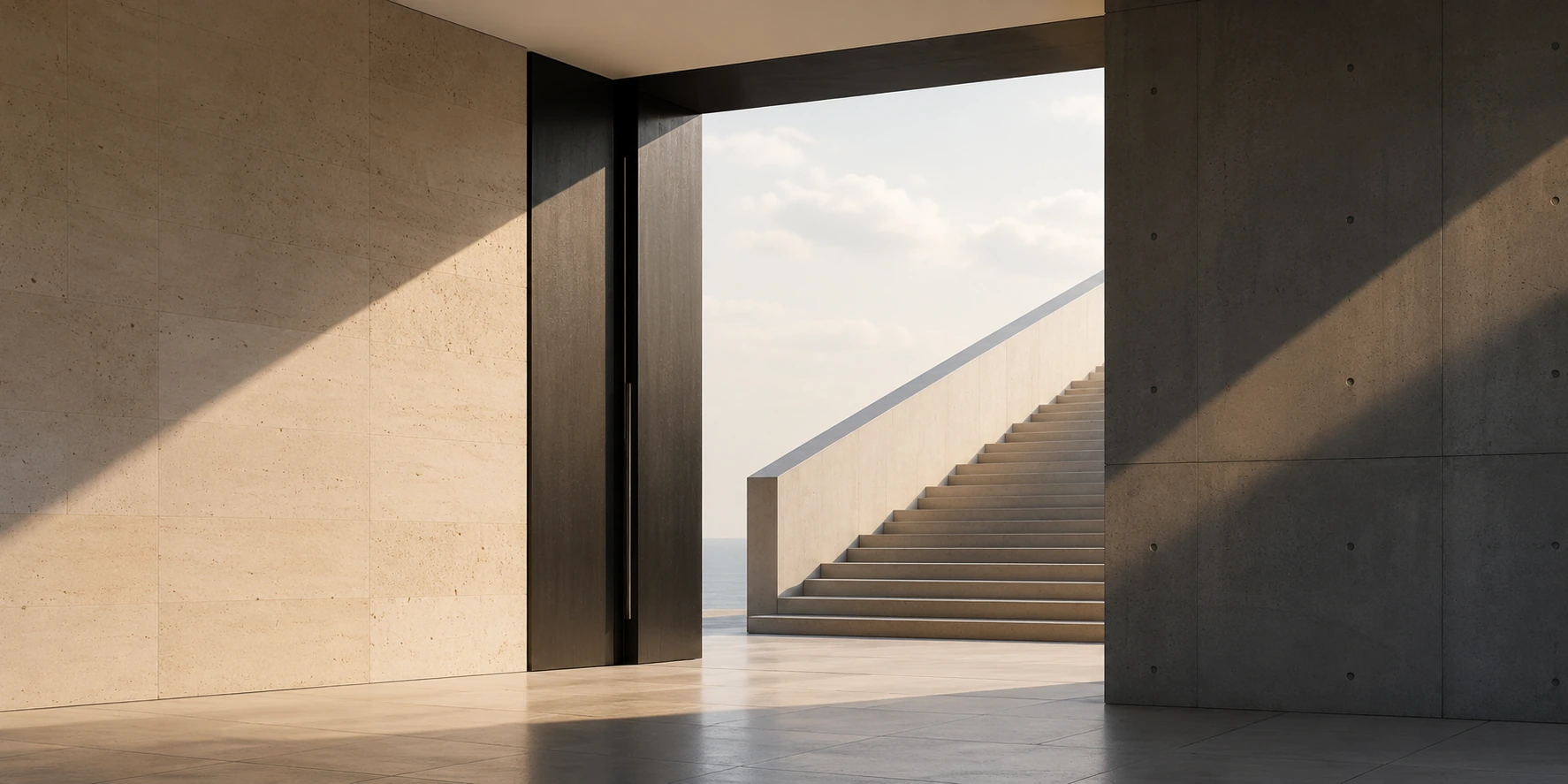 An open doorway in a concrete building leading out to a wide staircase and open sky
