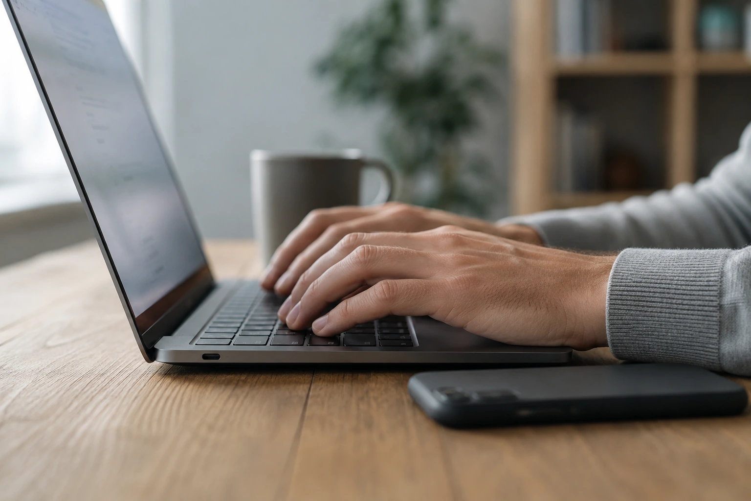 A person typing on a laptop at a desk, writing a reply